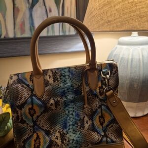 Brahmin Blue and Tan Snake-Print Crossbody Satchel